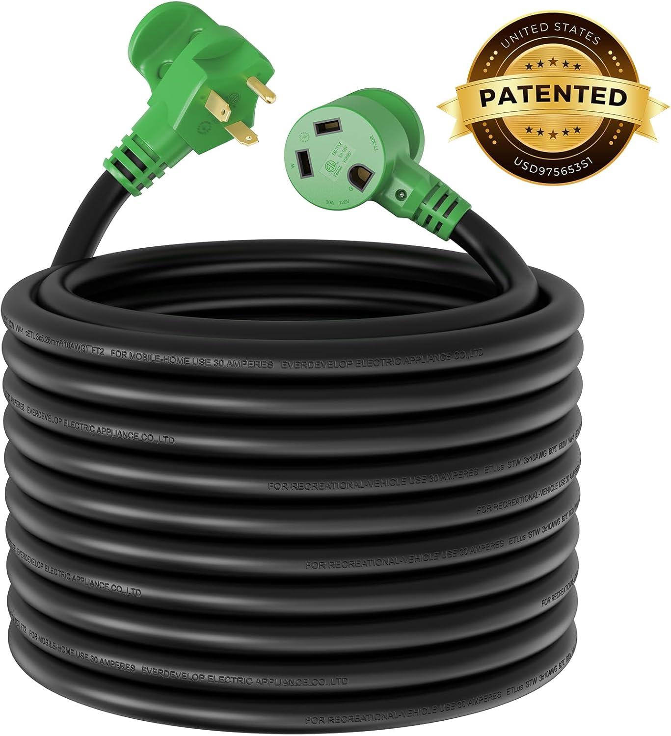 imageRVMATE 30 Amp 30 Feet RV Power Extension Cord with Easy Plugin Handle TT30P to TT30R LED Indicator 10 AWG ETL Listed100FT