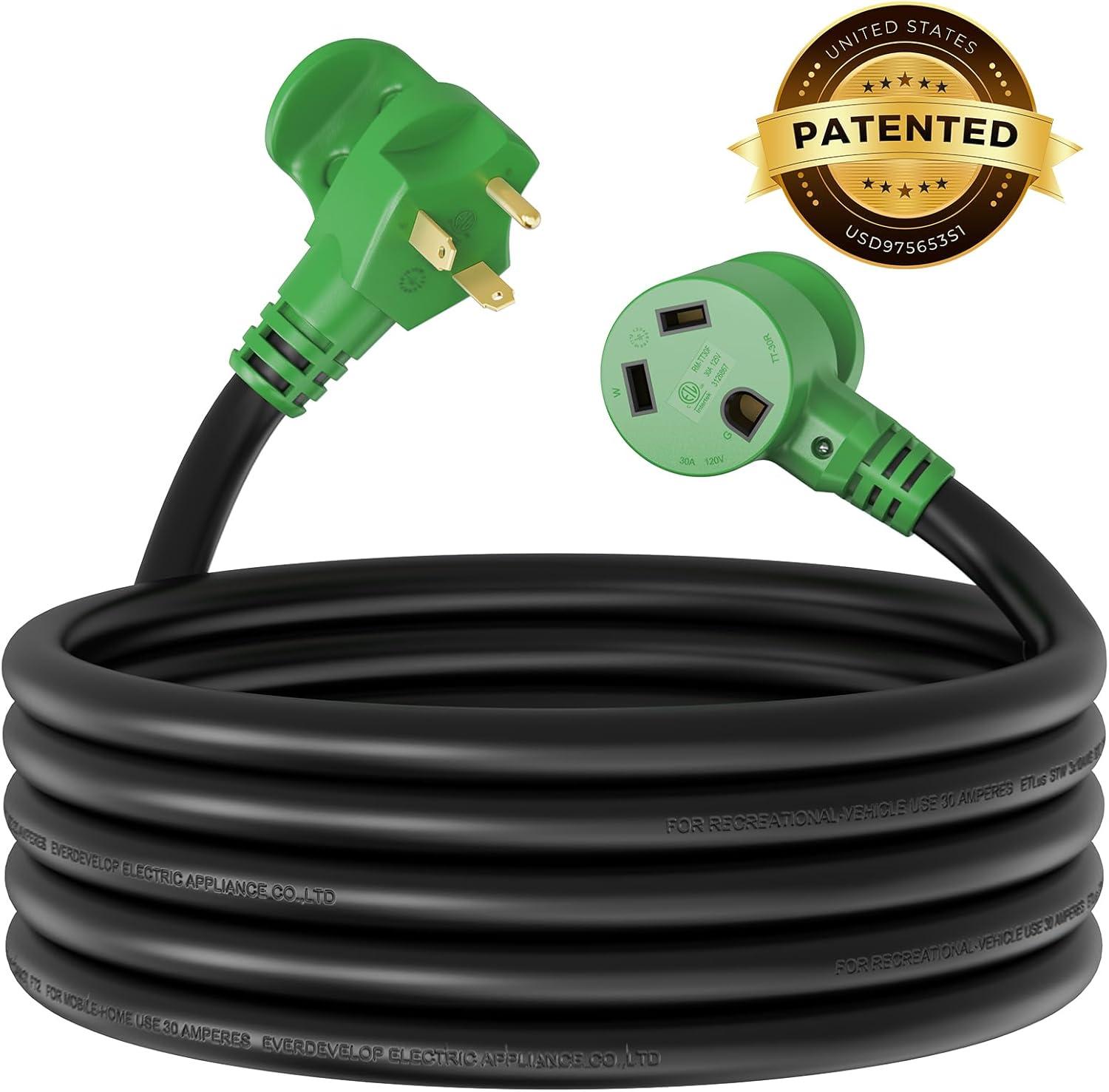 imageRVMATE 30 Amp 30 Feet RV Power Extension Cord with Easy Plugin Handle TT30P to TT30R LED Indicator 10 AWG ETL Listed15FT