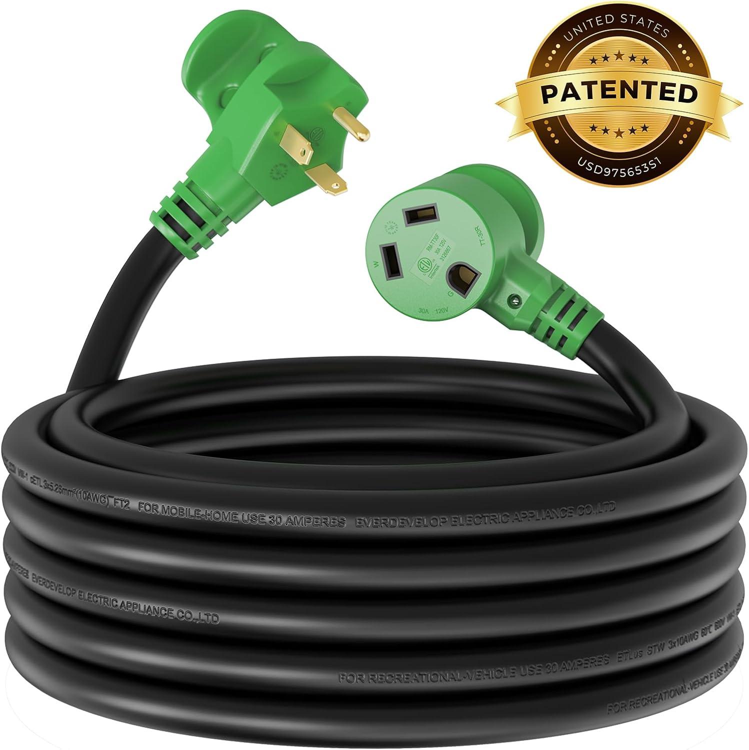 imageRVMATE 30 Amp 30 Feet RV Power Extension Cord with Easy Plugin Handle TT30P to TT30R LED Indicator 10 AWG ETL Listed30FT