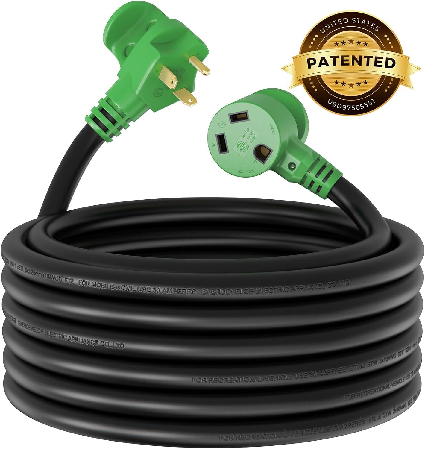 imageRVMATE 30 Amp 30 Feet RV Power Extension Cord with Easy Plugin Handle TT30P to TT30R LED Indicator 10 AWG ETL Listed50FT