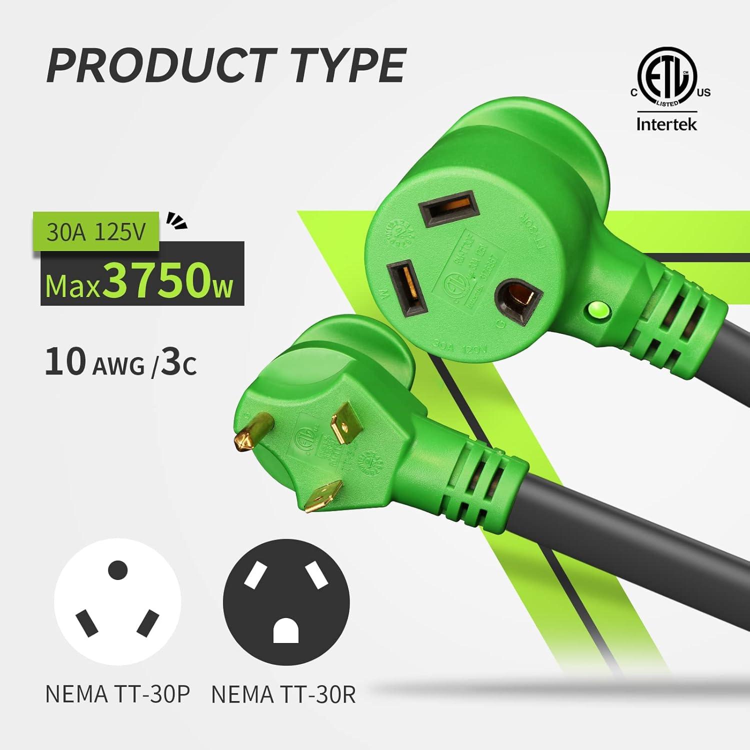 imageRVMATE 30 Amp 30 Feet RV Power Extension Cord with Easy Plugin Handle TT30P to TT30R LED Indicator 10 AWG ETL Listed50FT