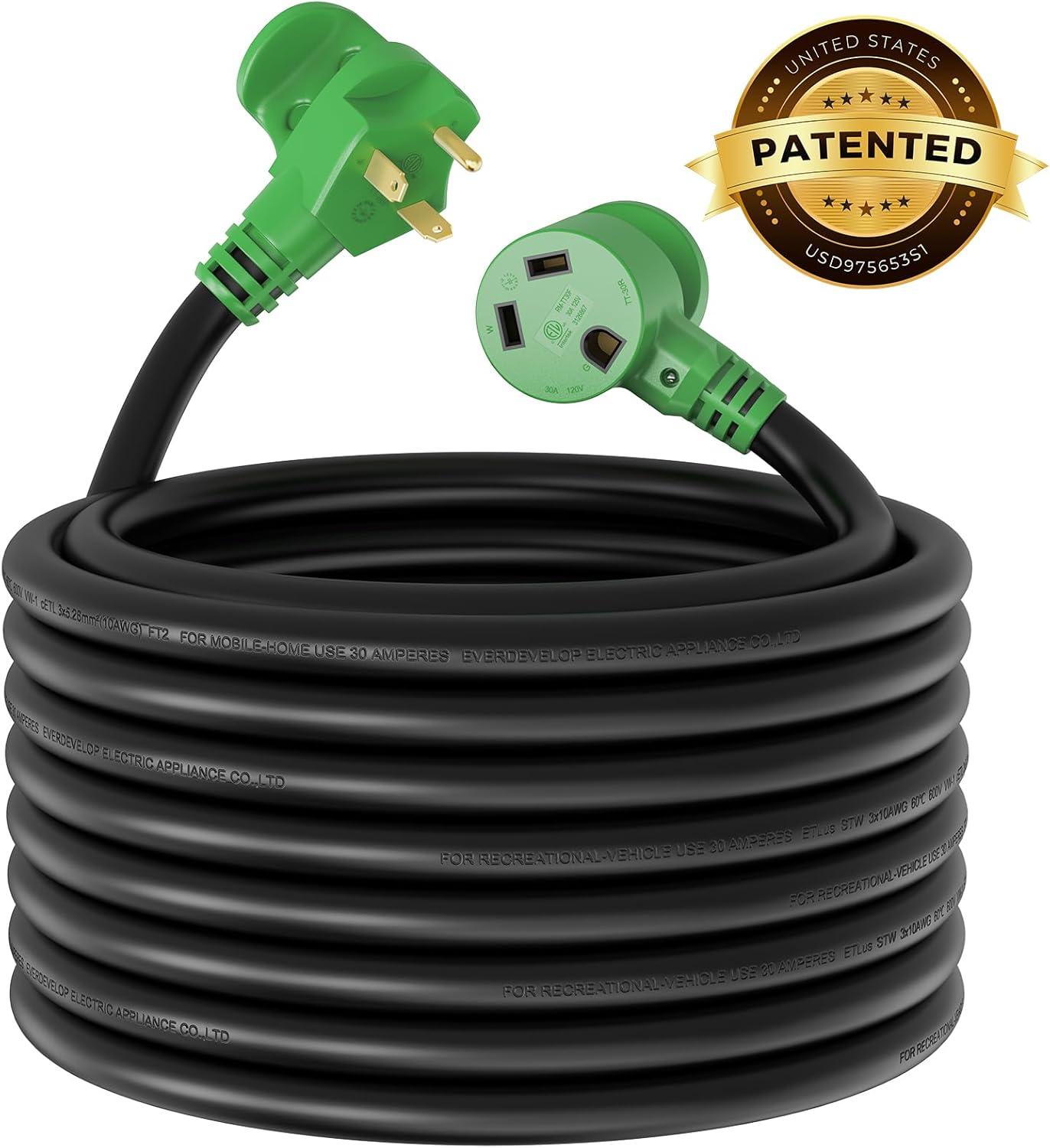 imageRVMATE 30 Amp 30 Feet RV Power Extension Cord with Easy Plugin Handle TT30P to TT30R LED Indicator 10 AWG ETL Listed75FT