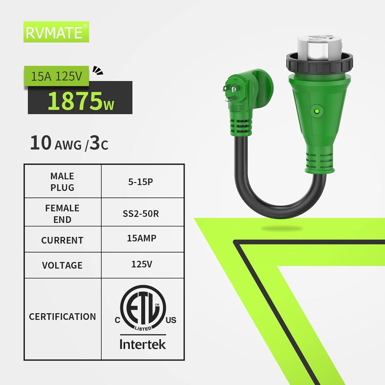 imageRVMATE 30 Amp to 110 Volt RV Adapter Cord 12 Inch 30 Amp to 15 Amp RV Electrical Adapter with LED Indicator 180 Degree Bend Power Adapter ETL Listed15M50F LOCKABLE