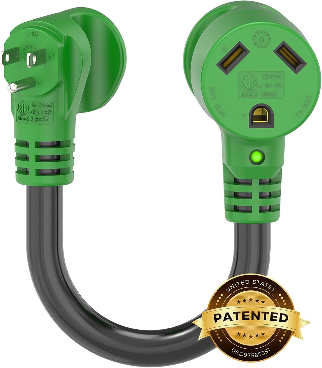 imageRVMATE 30 Amp to 110 Volt RV Adapter Cord 12 Inch 30 Amp to 15 Amp RV Electrical Adapter with LED Indicator 180 Degree Bend Power Adapter ETL Listed15M30F
