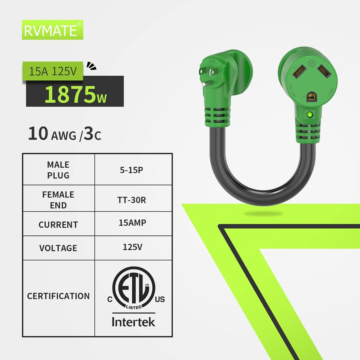 imageRVMATE 30 Amp to 110 Volt RV Adapter Cord 12 Inch 30 Amp to 15 Amp RV Electrical Adapter with LED Indicator 180 Degree Bend Power Adapter ETL Listed15M30F