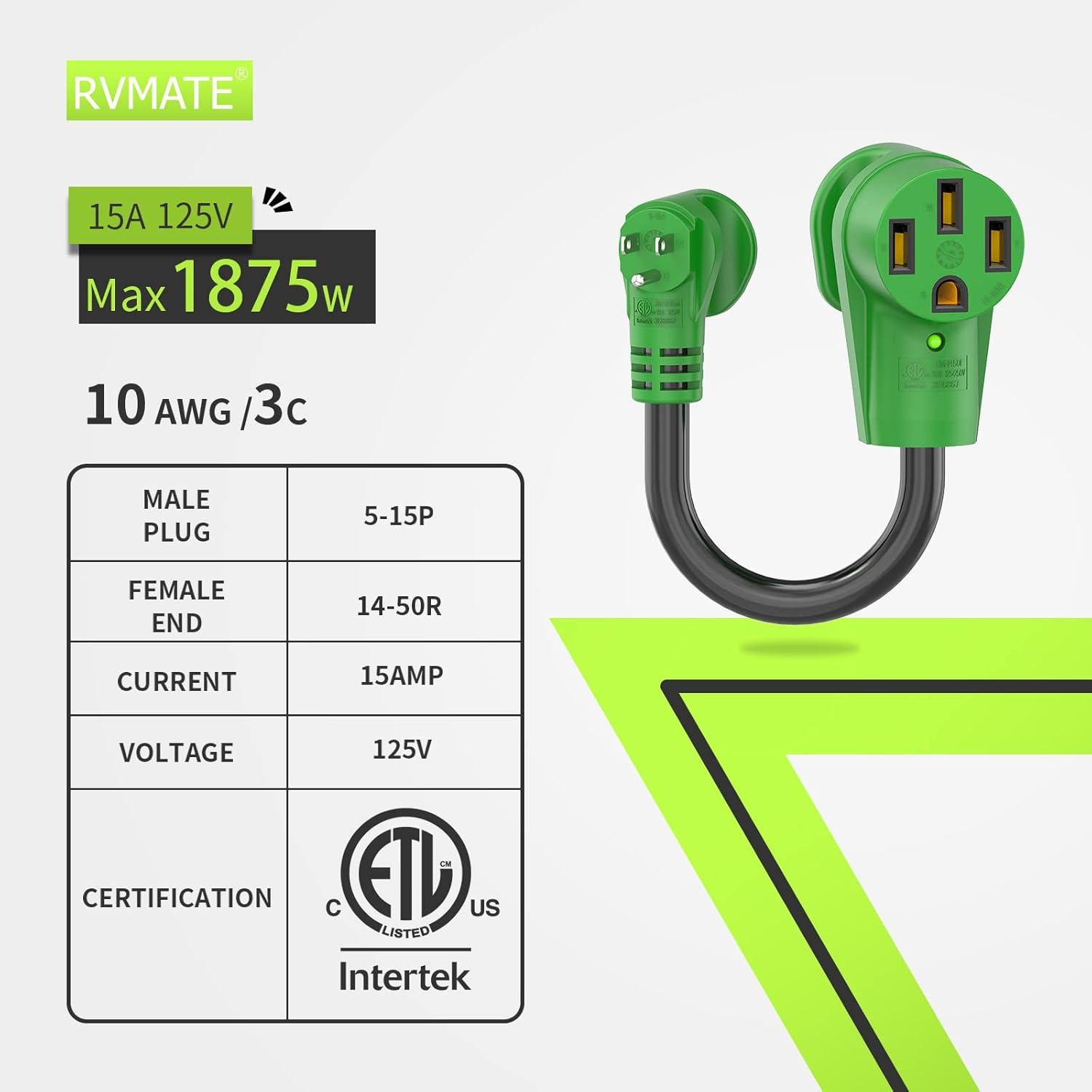 imageRVMATE 30 Amp to 110 Volt RV Adapter Cord 12 Inch 30 Amp to 15 Amp RV Electrical Adapter with LED Indicator 180 Degree Bend Power Adapter ETL Listed15M50F