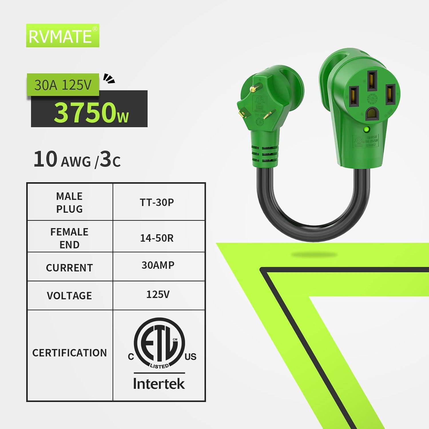 imageRVMATE 30 Amp to 110 Volt RV Adapter Cord 12 Inch 30 Amp to 15 Amp RV Electrical Adapter with LED Indicator 180 Degree Bend Power Adapter ETL Listed30M50F