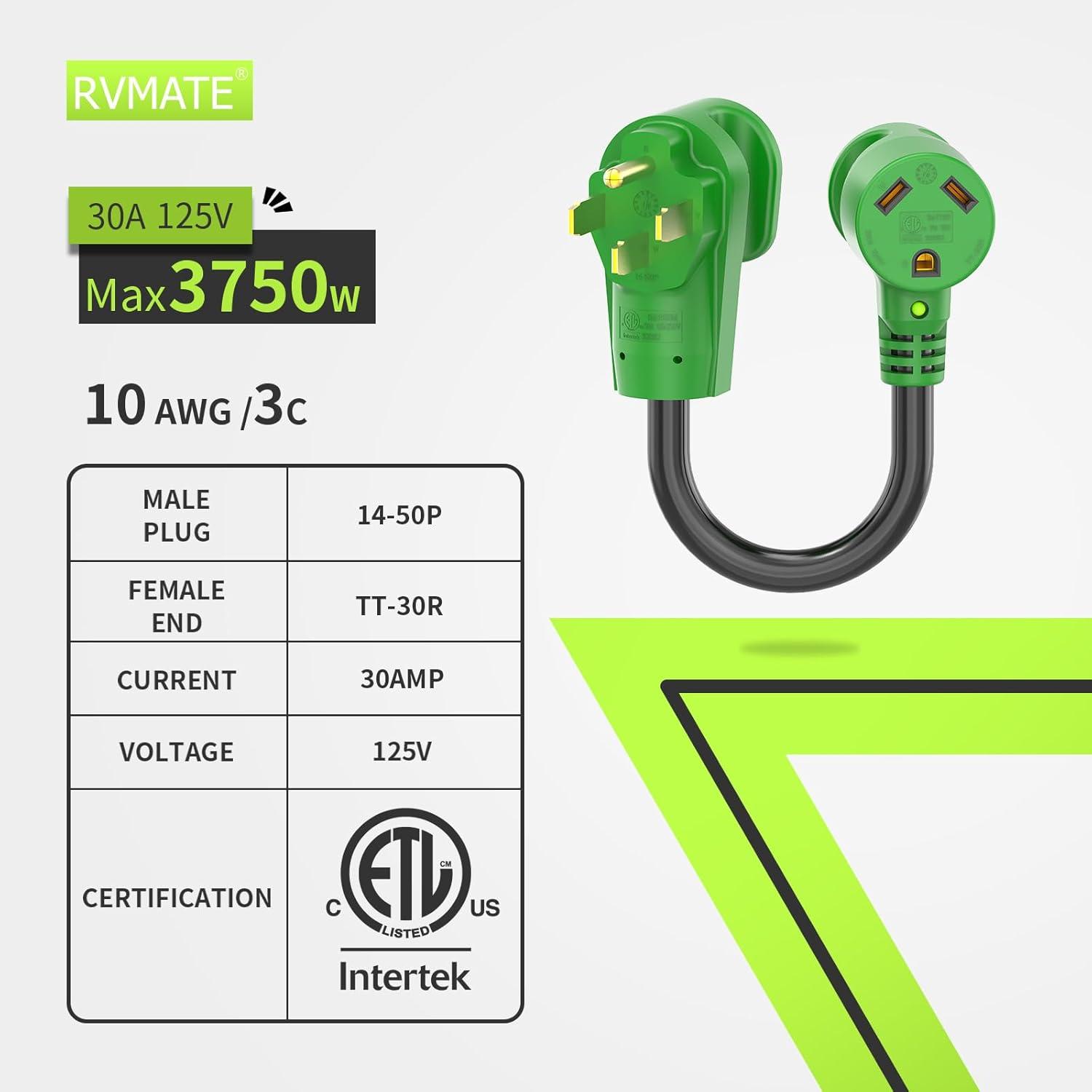 imageRVMATE 30 Amp to 110 Volt RV Adapter Cord 12 Inch 30 Amp to 15 Amp RV Electrical Adapter with LED Indicator 180 Degree Bend Power Adapter ETL Listed50M30F