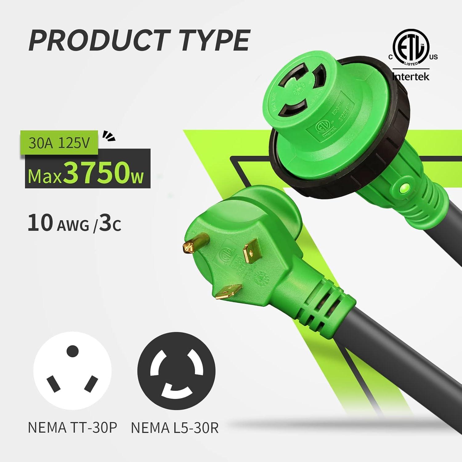 imageRVMATE 30 Feet 30 Amp RV Lockable Power Extension Cord with Easy Plugin Handle TT30P to L530R LED Indicator 10 AWG ETL Listed10FT
