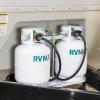 imageRVMATE RV Dual Propane Tank Mounting Rack with Locking Device for 30 lb Tanks White Dual RV Propane Tank Cylinder Rack with Lock for Travel Trailer Hitch Frame