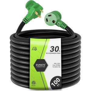 imageRVMATE 30 Amp 30 Feet RV Power Extension Cord with Easy Plugin Handle TT30P to TT30R LED Indicator 10 AWG ETL Listed100FT