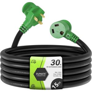 imageRVMATE 30 Amp 30 Feet RV Power Extension Cord with Easy Plugin Handle TT30P to TT30R LED Indicator 10 AWG ETL Listed15FT