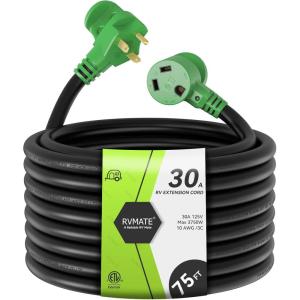 imageRVMATE 30 Amp 30 Feet RV Power Extension Cord with Easy Plugin Handle TT30P to TT30R LED Indicator 10 AWG ETL Listed75FT