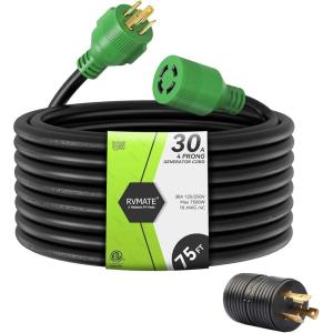 imageRVMATE 30 Amp Generator Cord 4 Prong 25 Feet NEMA L1430PL1430R 125250V Up to 7500W 10 Gauge SJTW Generator Extension Cord ETL Listed75FT