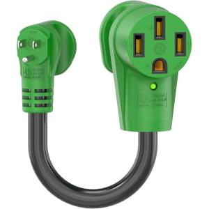 imageRVMATE 30 Amp to 110 Volt RV Adapter Cord 12 Inch 30 Amp to 15 Amp RV Electrical Adapter with LED Indicator 180 Degree Bend Power Adapter ETL Listed15M50F