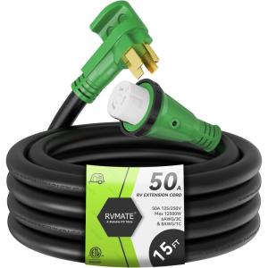 imageRVMATE 50 Amp 25 Feet RVGenerator Lockable Power Extension Cord Easy Plug in Handle 1450P to SS 250R with LED Indicator ETL Listed15FT