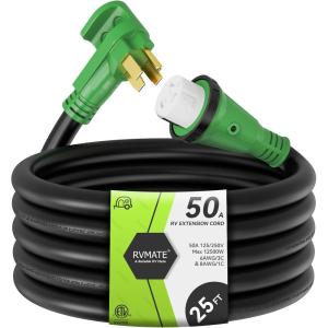imageRVMATE 50 Amp 25 Feet RVGenerator Lockable Power Extension Cord Easy Plug in Handle 1450P to SS 250R with LED Indicator ETL Listed25FT