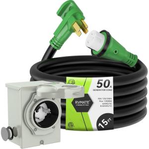 imageRVMATE 50 Amp Generator Cord 15FT and PreDrilled 50Amp Power Inlet Box Kit 125250Volts NEMA 1450P to SS250R Power Cord ETL Listed NEMA SS250P Inlet Box Waterproof50 amp