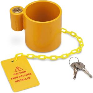 imageRVMATE 5th Wheel Lock Heavy Duty Steel King Pin Lock with AntiTheft Warning Tag for 5th WheelSemi TrailersRVsContainersYellow