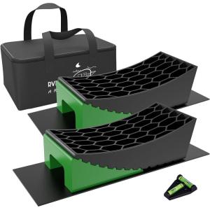 imageRVMATE Camper Levelers 8Piece Kit RV Leveling Blocks Camper Wheel Chocks Including Two Curved Levelers Two Chocks and Two Rubber Grip Mats in Storage Carrying BagBlack