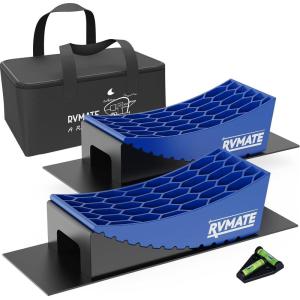 imageRVMATE Camper Levelers 8Piece Kit RV Leveling Blocks Camper Wheel Chocks Including Two Curved Levelers Two Chocks and Two Rubber Grip Mats in Storage Carrying BagBlue