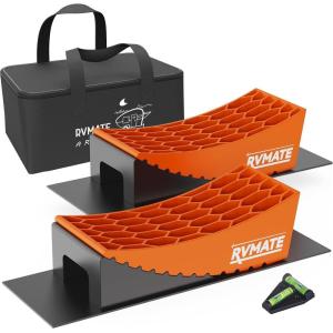 imageRVMATE Camper Levelers 8Piece Kit RV Leveling Blocks Camper Wheel Chocks Including Two Curved Levelers Two Chocks and Two Rubber Grip Mats in Storage Carrying BagOrange