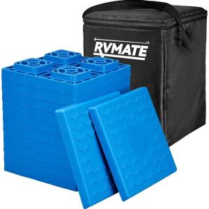 imageRVMATE RV Leveling Blocks 12 Pack Heavy Duty Camper Leveling Blocks Leveling Blocks for RVs Reduce Trailer Movement Trailer Leveling Blocks Great for Single and Dual Wheels YellowBlue