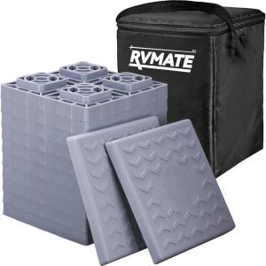 imageRVMATE RV Leveling Blocks 12 Pack Heavy Duty Camper Leveling Blocks Leveling Blocks for RVs Reduce Trailer Movement Trailer Leveling Blocks Great for Single and Dual Wheels YellowGrey