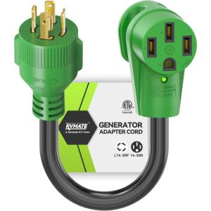 imageRVMATE 4 Prong 12 Inch 30 Amp to 30 Amp RV Generator Adapter Cord ETL Certified STW 104 L1430P Male Plug to TT30R Female Connector with LED Indicator4 PRONG 30A TO 50A