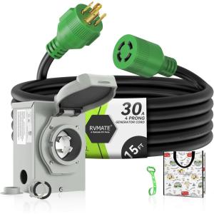 imageRVMATE 4 Prong 30 Amp Generator Cord 15FT and PreDrilled Power Inlet Box Waterproof Combo Kit NEMA L1430P to L1430R Generator Cord with NEMA L1430P Generator Inlet ETL Listed15FT