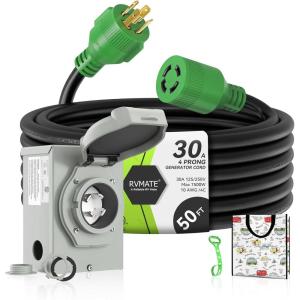 imageRVMATE 4 Prong 30 Amp Generator Cord 15FT and PreDrilled Power Inlet Box Waterproof Combo Kit NEMA L1430P to L1430R Generator Cord with NEMA L1430P Generator Inlet ETL Listed50FT