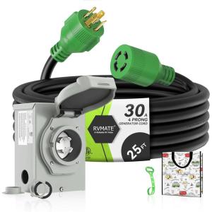 imageRVMATE 4 Prong 30 Amp Generator Cord 15FT and PreDrilled Power Inlet Box Waterproof Combo Kit NEMA L1430P to L1430R Generator Cord with NEMA L1430P Generator Inlet ETL Listed25FT